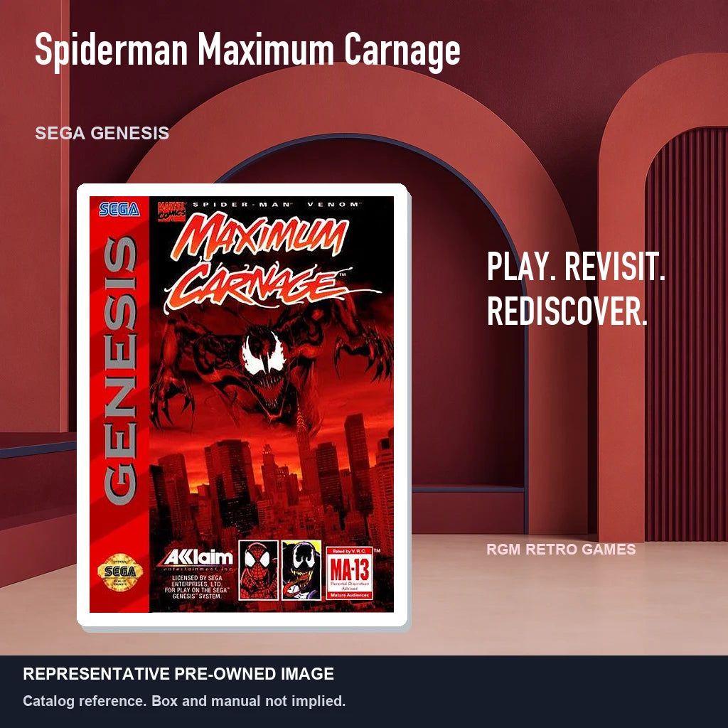 Representative pre-owned Spiderman Maximum Carnage (Sega Genesis), red retro product layout.