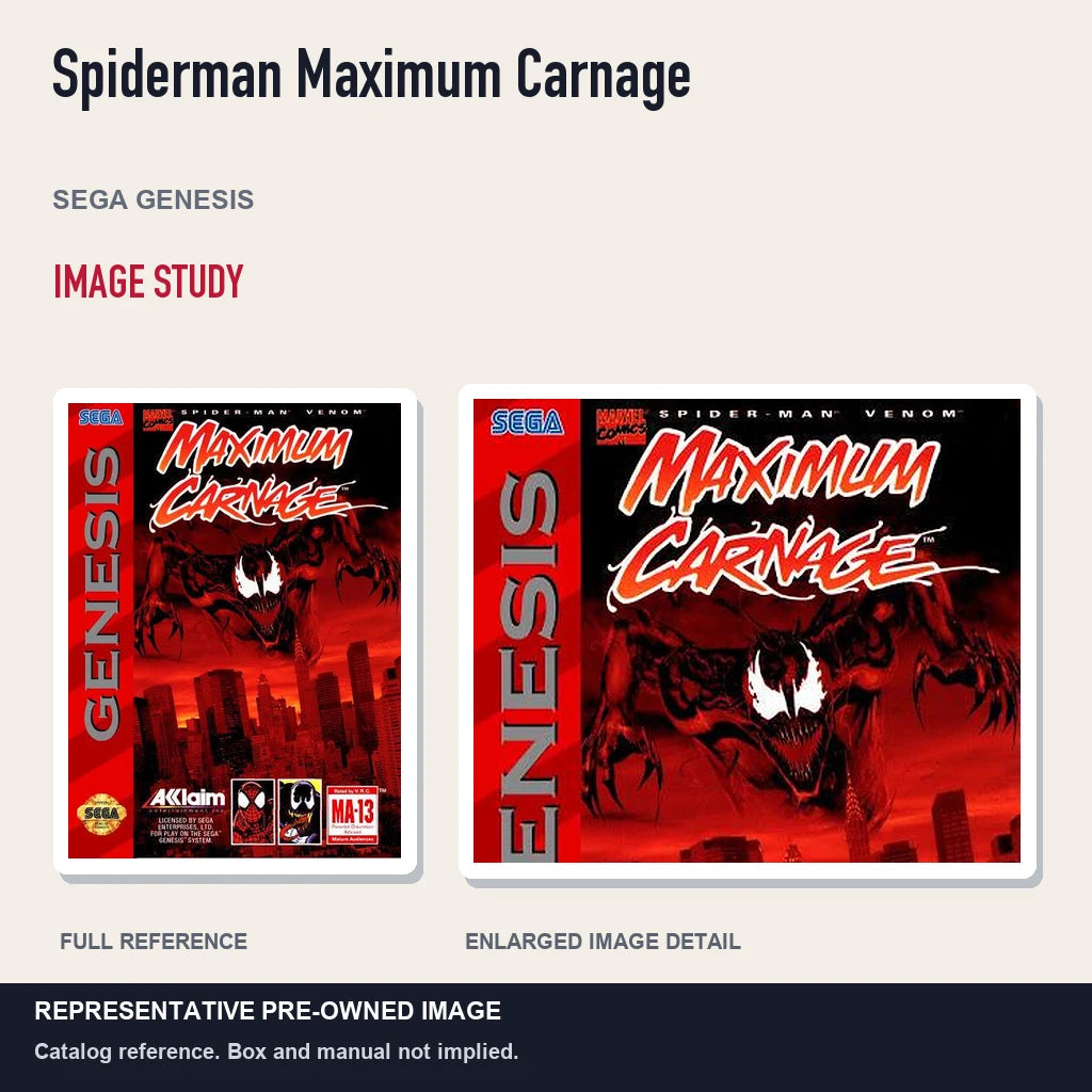 Representative pre-owned Spiderman Maximum Carnage (Sega Genesis), full image and detail.