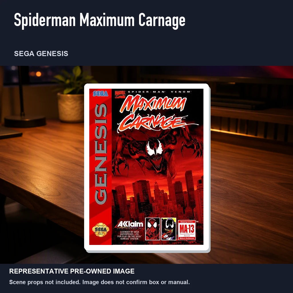 Representative pre-owned Spiderman Maximum Carnage (Sega Genesis), product image in a styled desk scene.