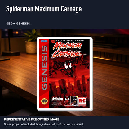Representative pre-owned Spiderman Maximum Carnage (Sega Genesis), product image in a styled desk scene.