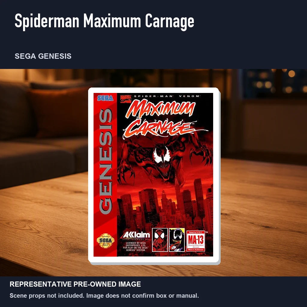 Representative pre-owned Spiderman Maximum Carnage (Sega Genesis), product image in a styled room scene.