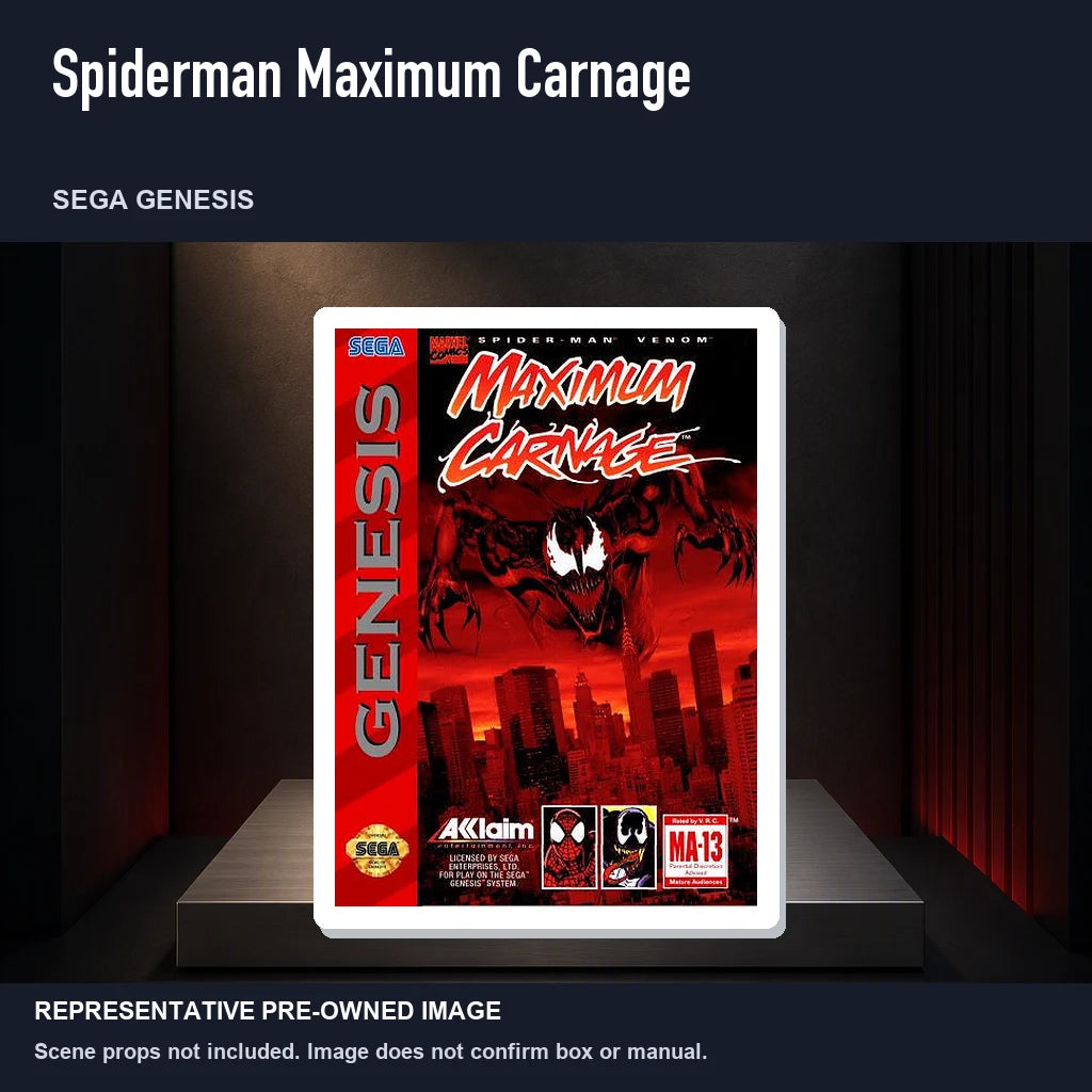Representative pre-owned Spiderman Maximum Carnage (Sega Genesis), product image on a display panel.