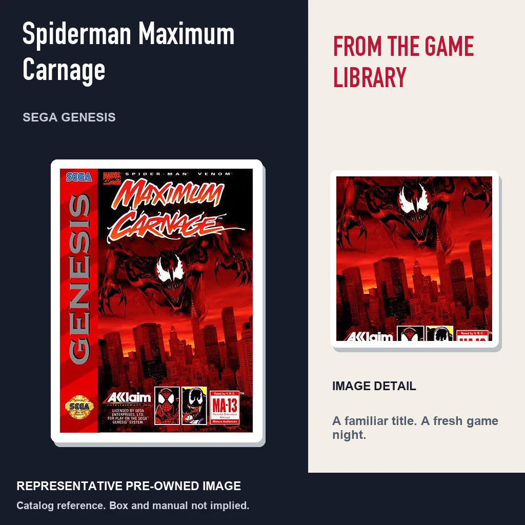 Representative pre-owned Spiderman Maximum Carnage (Sega Genesis), editorial image and detail.