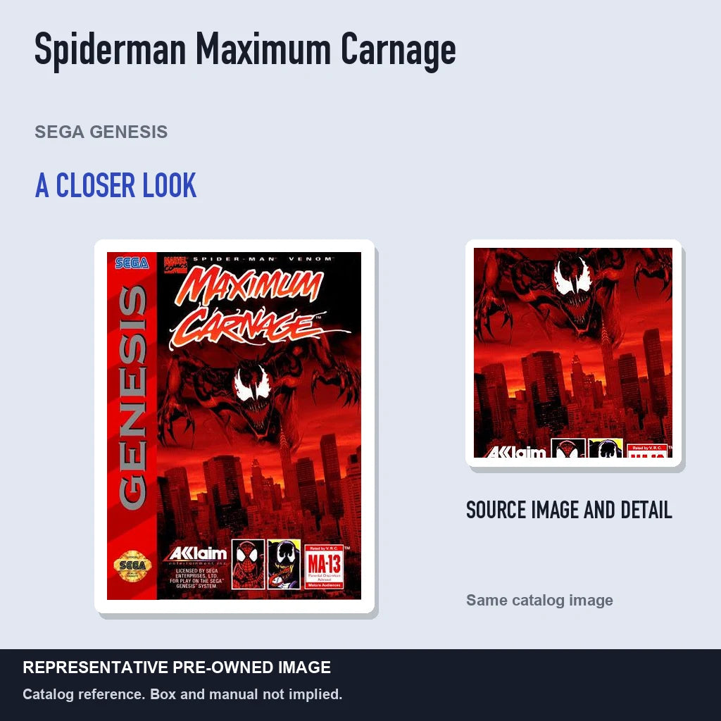 Representative pre-owned Spiderman Maximum Carnage (Sega Genesis), full image with detail inset.
