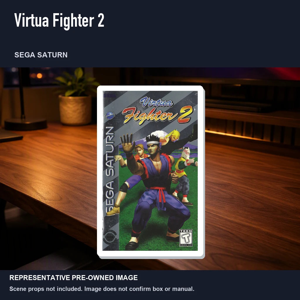 Representative pre-owned Virtua Fighter 2 (Sega Saturn), product image in a styled desk scene.