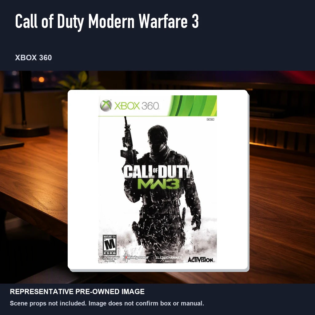 Representative pre-owned Call of Duty Modern Warfare 3 (Xbox 360), product image in a styled desk scene.
