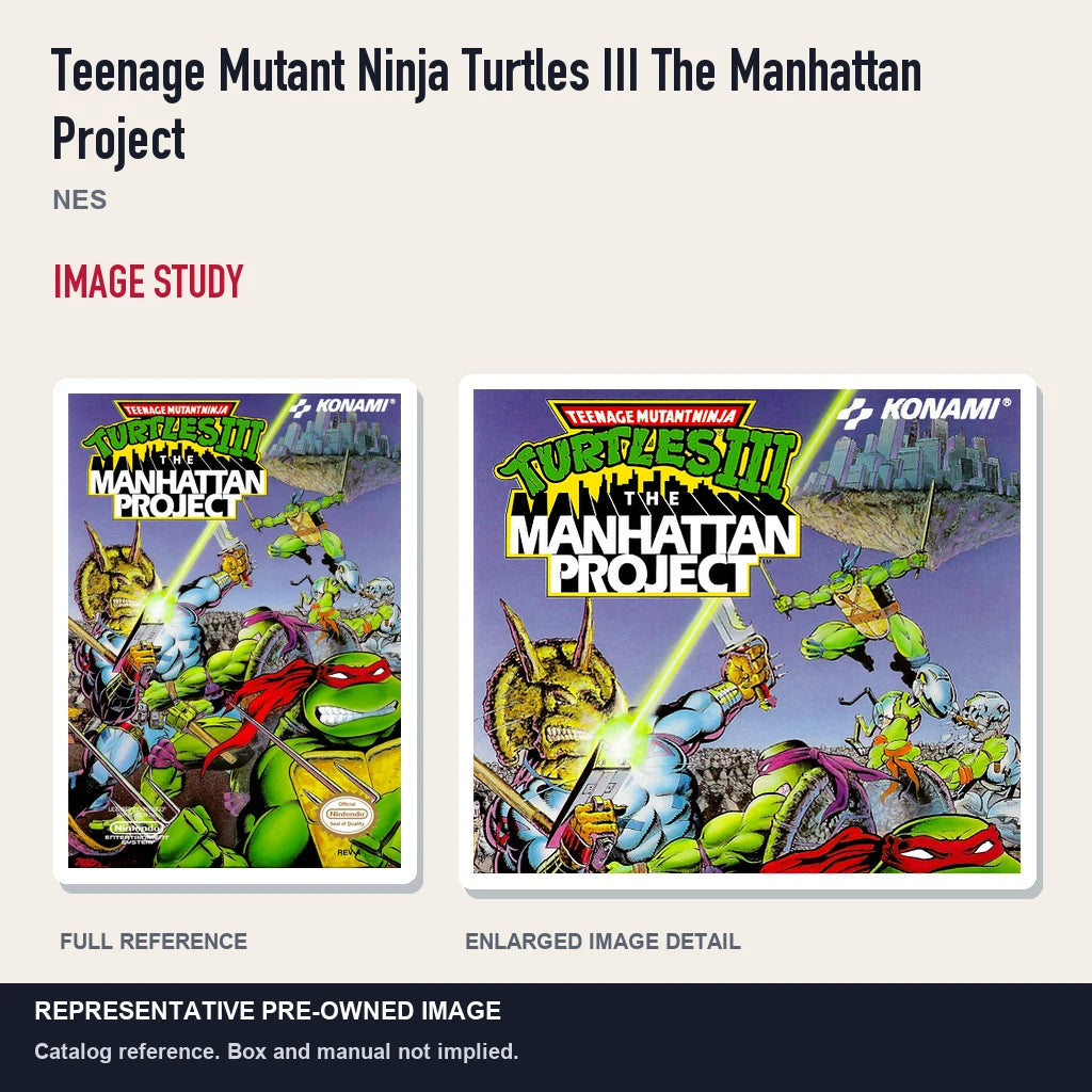 Representative pre-owned Teenage Mutant Ninja Turtles III The Manhattan Project (NES), full image and detail.