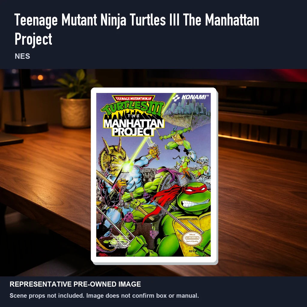 Representative pre-owned Teenage Mutant Ninja Turtles III The Manhattan Project (NES), product image in a styled desk scene.