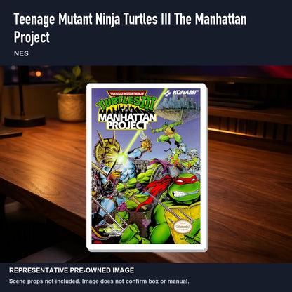 Representative pre-owned Teenage Mutant Ninja Turtles III The Manhattan Project (NES), product image in a styled desk scene.