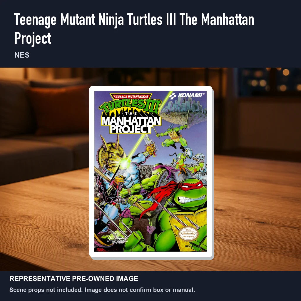 Representative pre-owned Teenage Mutant Ninja Turtles III The Manhattan Project (NES), product image in a styled room scene.