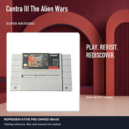 Representative pre-owned Contra III The Alien Wars (Super Nintendo), red retro product layout.