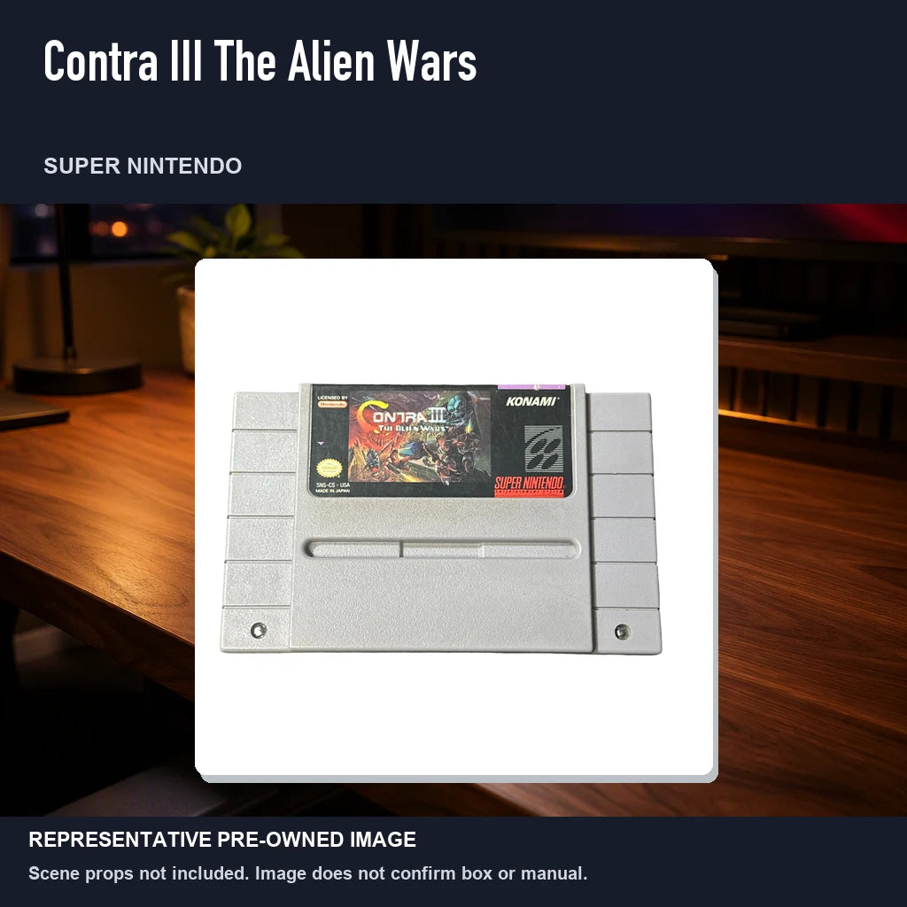 Representative pre-owned Contra III The Alien Wars (Super Nintendo), product image in a styled desk scene.