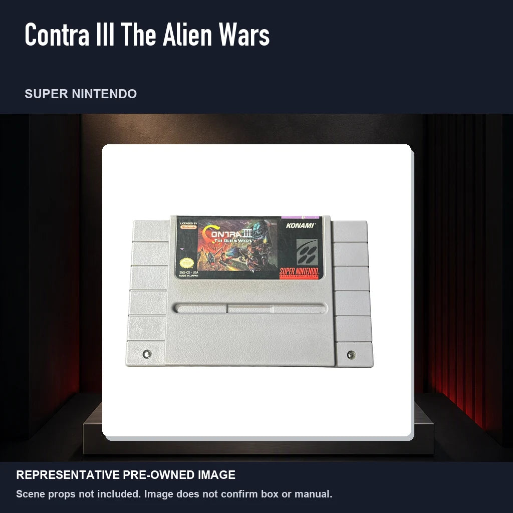 Representative pre-owned Contra III The Alien Wars (Super Nintendo), product image on a display panel.