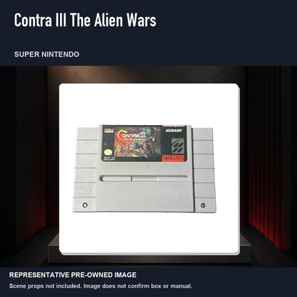 Representative pre-owned Contra III The Alien Wars (Super Nintendo), product image on a display panel.