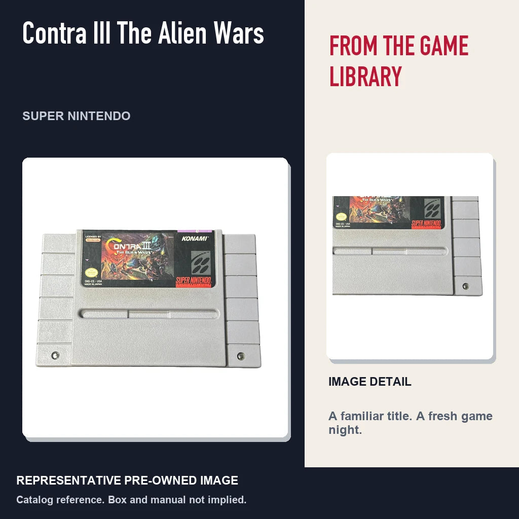 Representative pre-owned Contra III The Alien Wars (Super Nintendo), editorial image and detail.