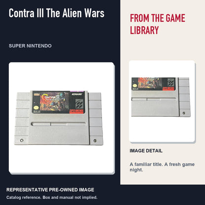 Representative pre-owned Contra III The Alien Wars (Super Nintendo), editorial image and detail.