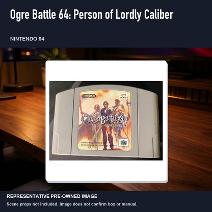 Representative pre-owned Ogre Battle 64: Person of Lordly Caliber (Nintendo 64), product image in a styled desk scene.