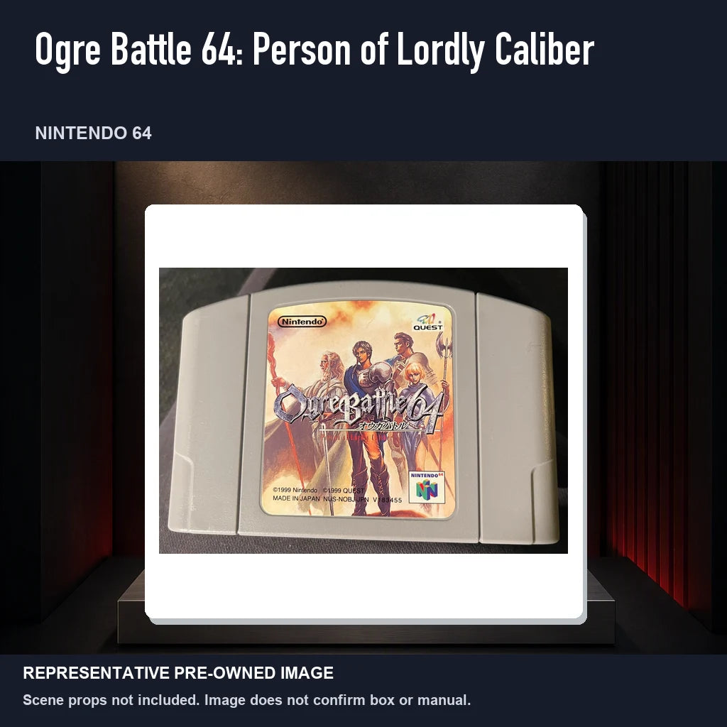 Representative pre-owned Ogre Battle 64: Person of Lordly Caliber (Nintendo 64), product image on a display panel.