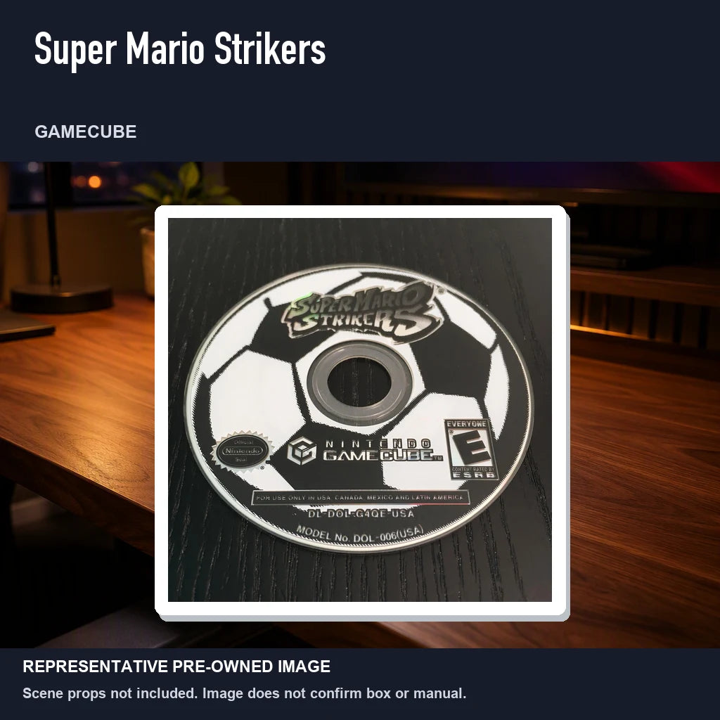 Representative pre-owned Super Mario Strikers (GameCube), product image in a styled desk scene.
