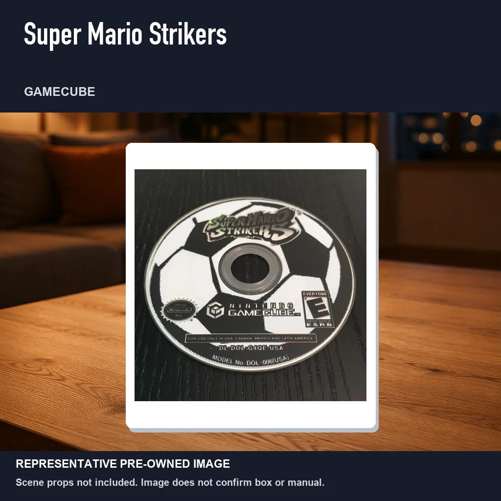 Representative pre-owned Super Mario Strikers (GameCube), product image in a styled room scene.