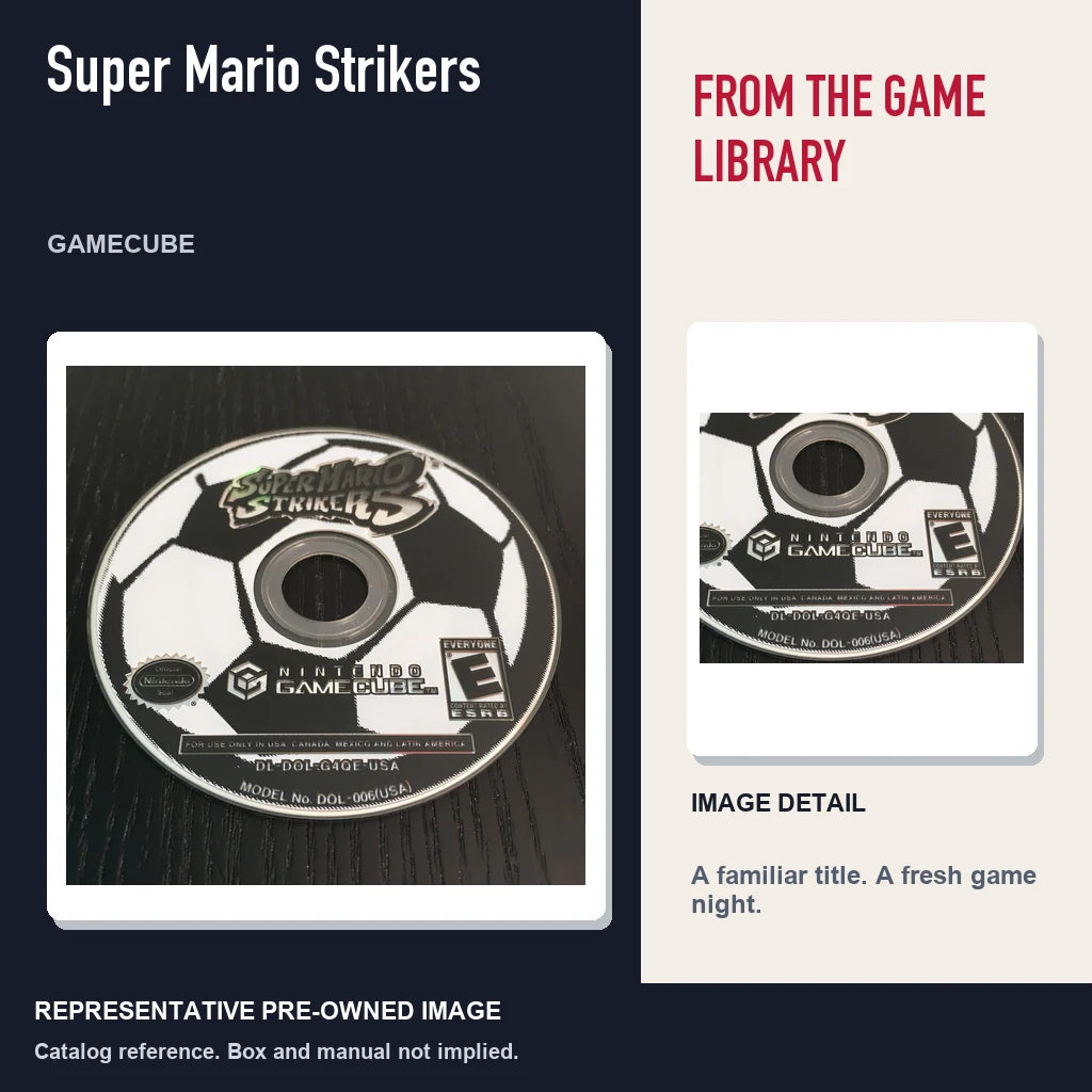 Representative pre-owned Super Mario Strikers (GameCube), editorial image and detail.