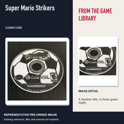 Representative pre-owned Super Mario Strikers (GameCube), editorial image and detail.
