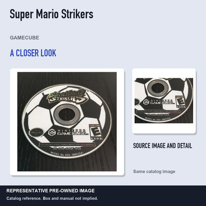 Representative pre-owned Super Mario Strikers (GameCube), full image with detail inset.
