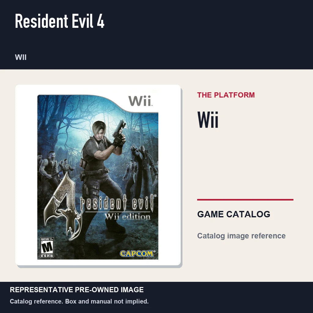 Representative pre-owned Resident Evil 4 (Wii), platform product layout.