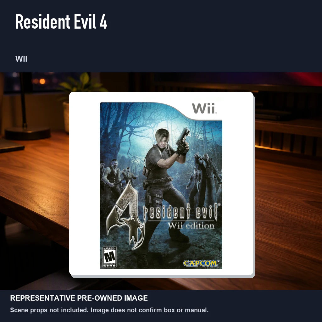 Representative pre-owned Resident Evil 4 (Wii), product image in a styled desk scene.