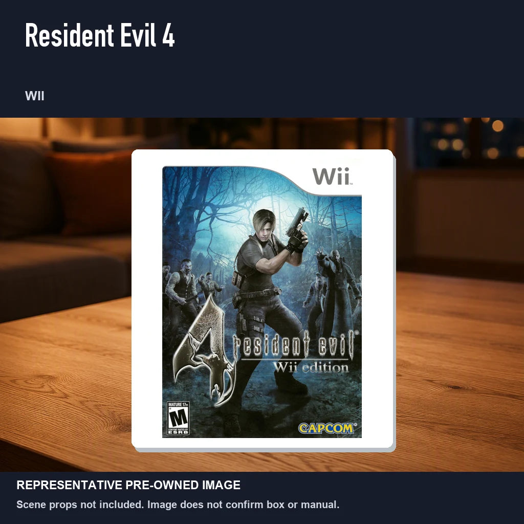 Representative pre-owned Resident Evil 4 (Wii), product image in a styled room scene.