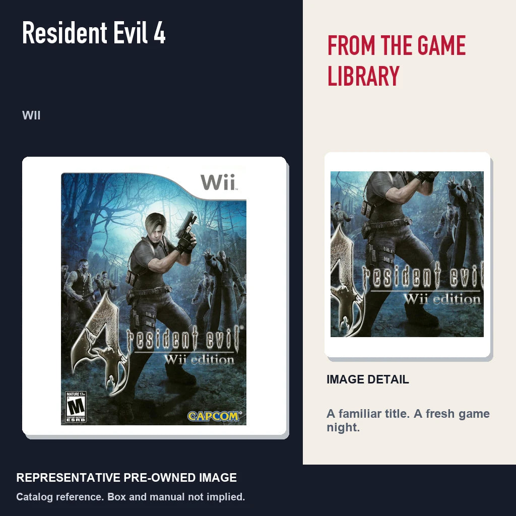 Representative pre-owned Resident Evil 4 (Wii), editorial image and detail.