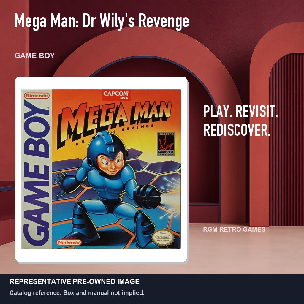 Representative pre-owned Mega Man: Dr Wily's Revenge (Game Boy), red retro product layout.