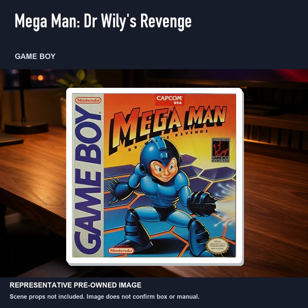 Representative pre-owned Mega Man: Dr Wily's Revenge (Game Boy), product image in a styled desk scene.