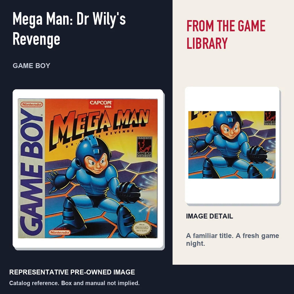 Representative pre-owned Mega Man: Dr Wily's Revenge (Game Boy), editorial image and detail.