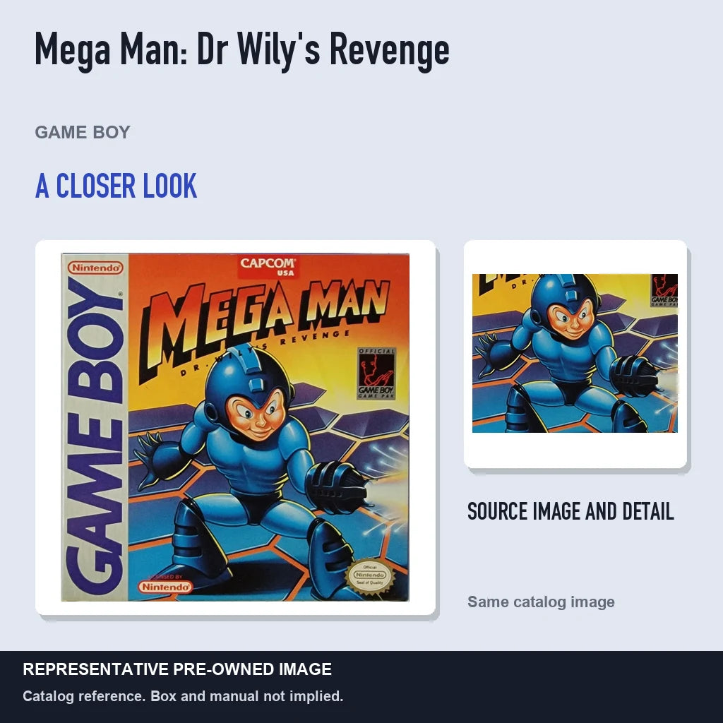 Representative pre-owned Mega Man: Dr Wily's Revenge (Game Boy), full image with detail inset.