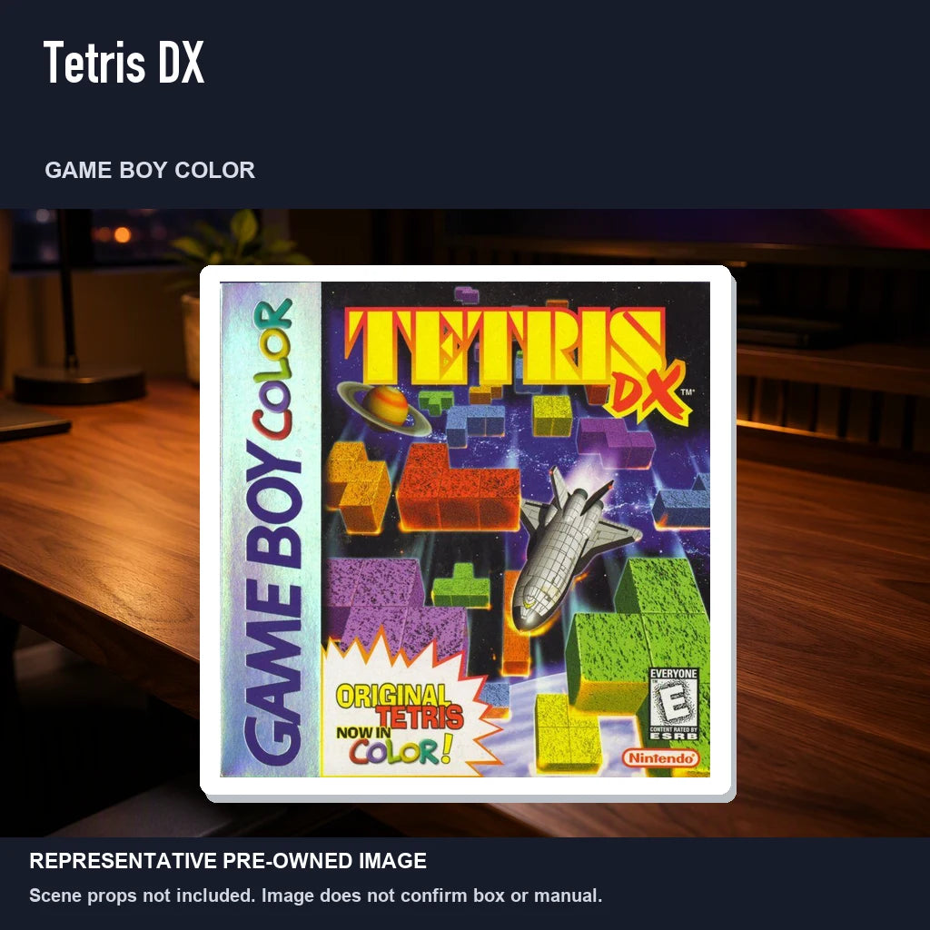 Representative pre-owned Tetris DX (Game Boy Color), product image in a styled desk scene.