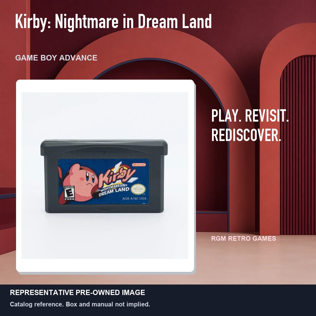 Representative pre-owned Kirby: Nightmare in Dream Land (Game Boy Advance), red retro product layout.