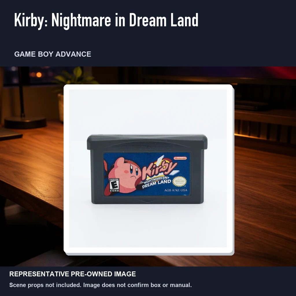 Representative pre-owned Kirby: Nightmare in Dream Land (Game Boy Advance), product image in a styled desk scene.