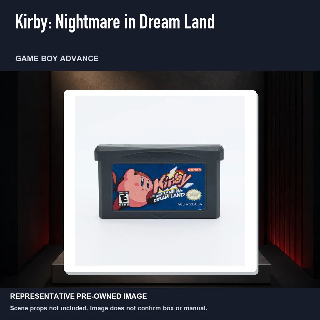 Representative pre-owned Kirby: Nightmare in Dream Land (Game Boy Advance), product image on a display panel.