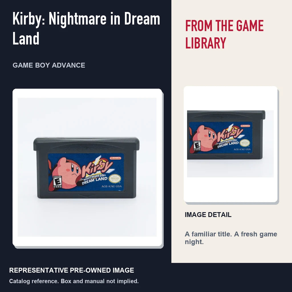 Representative pre-owned Kirby: Nightmare in Dream Land (Game Boy Advance), editorial image and detail.