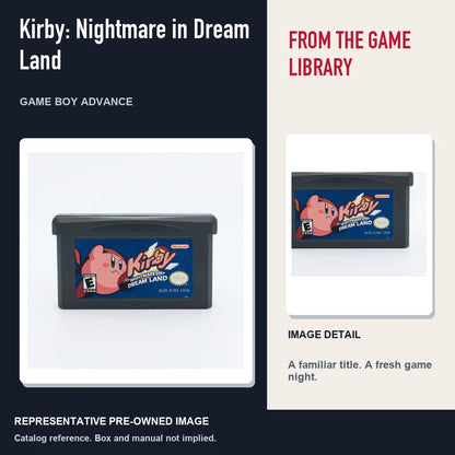 Representative pre-owned Kirby: Nightmare in Dream Land (Game Boy Advance), editorial image and detail.
