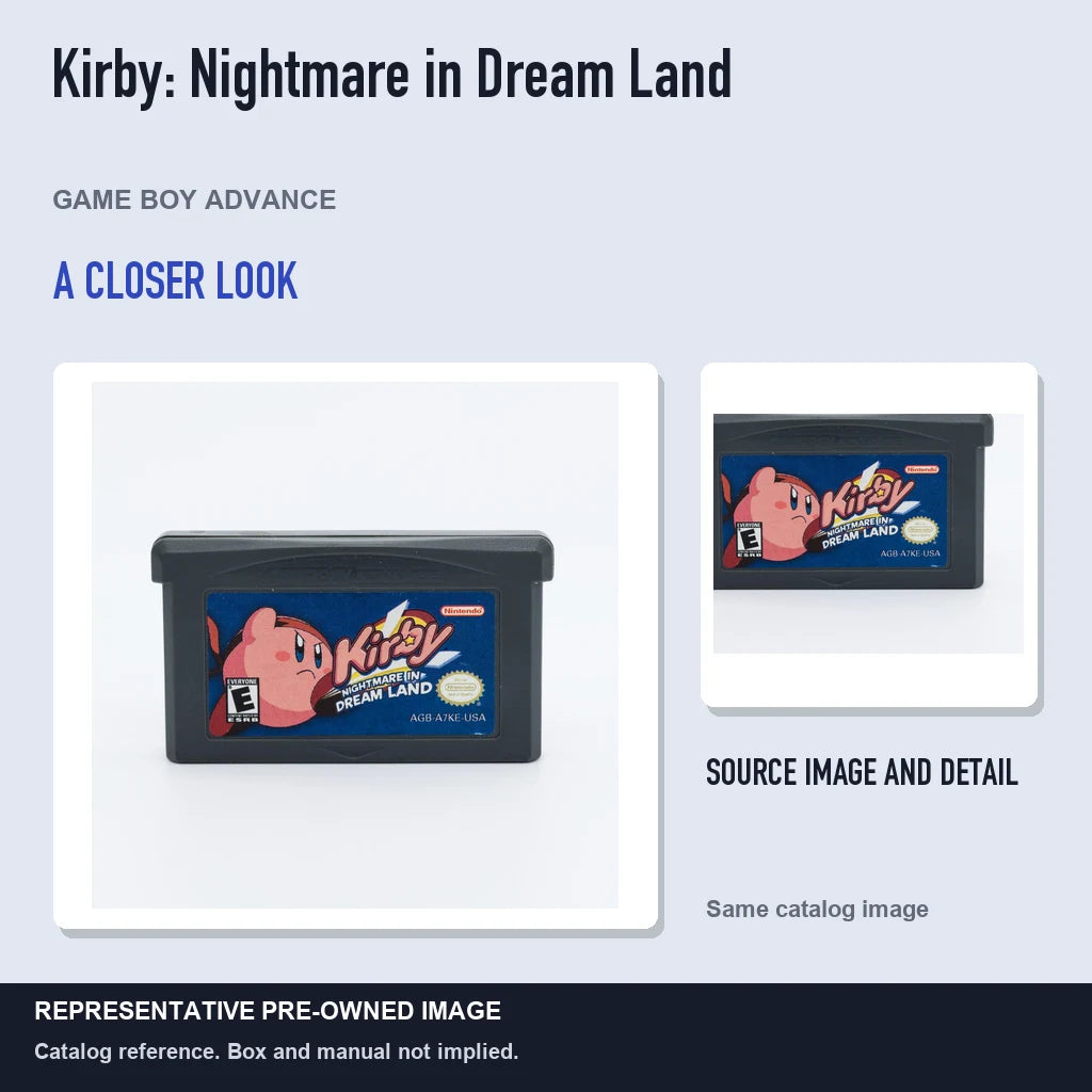 Representative pre-owned Kirby: Nightmare in Dream Land (Game Boy Advance), full image with detail inset.