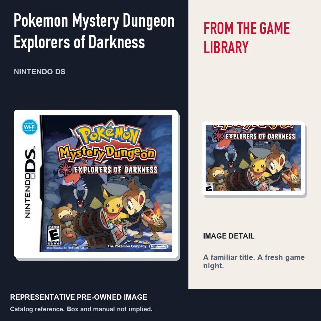 Representative pre-owned Pokemon Mystery Dungeon Explorers of Darkness (Nintendo DS), editorial image and detail.