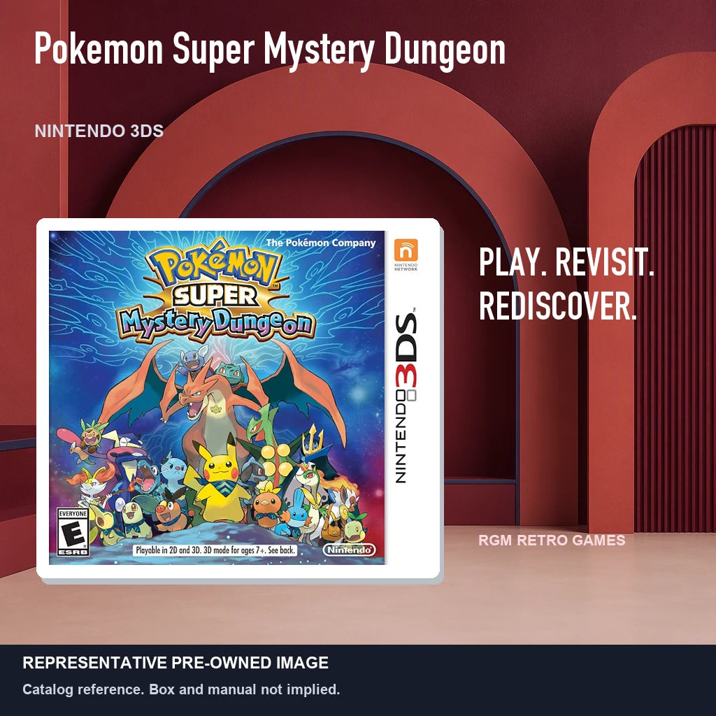 Representative pre-owned Pokemon Super Mystery Dungeon (Nintendo 3DS), red retro product layout.
