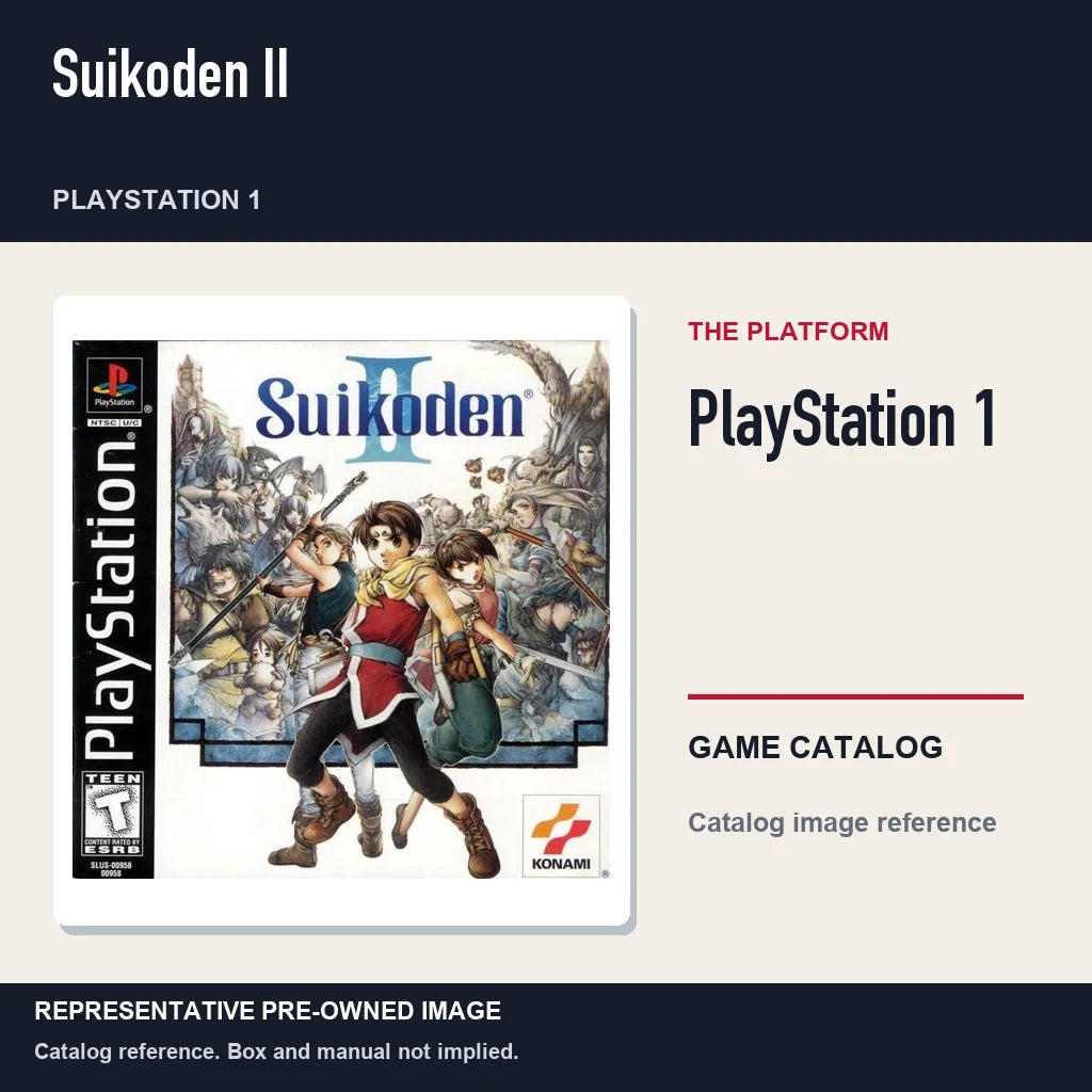 Representative pre-owned Suikoden II (PlayStation 1), platform product layout.