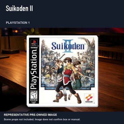 Representative pre-owned Suikoden II (PlayStation 1), product image in a styled desk scene.