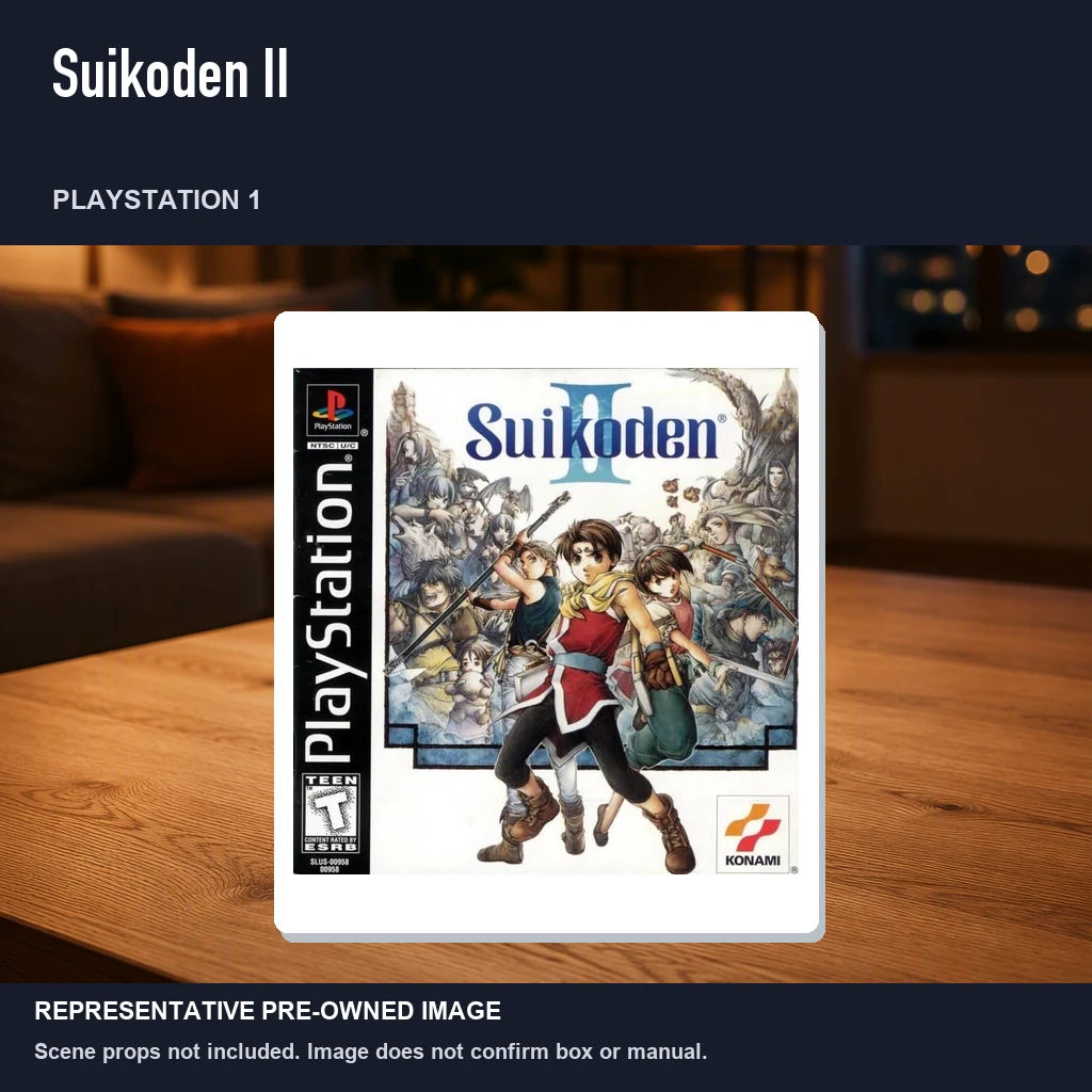 Representative pre-owned Suikoden II (PlayStation 1), product image in a styled room scene.
