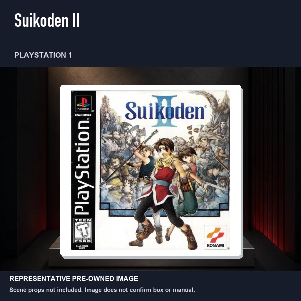 Representative pre-owned Suikoden II (PlayStation 1), product image on a display panel.