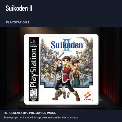 Representative pre-owned Suikoden II (PlayStation 1), product image on a display panel.
