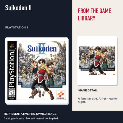 Representative pre-owned Suikoden II (PlayStation 1), editorial image and detail.